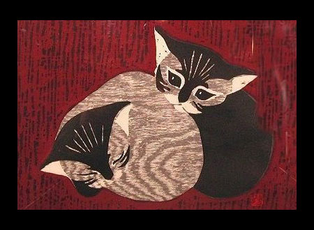 版画 慈愛 小型版額装品 強い 斎藤清 ネコ猫